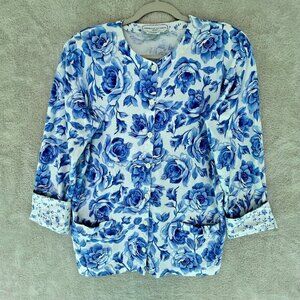 Adrienne Vittadini Sport Button Sweater Womens M Cream Blue Floral Cotton NOTE